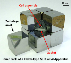 10/5 cell assembly and 32-mm second-stage anvils of a Kawai-type multianvil apparatus after a high-pressure experiment